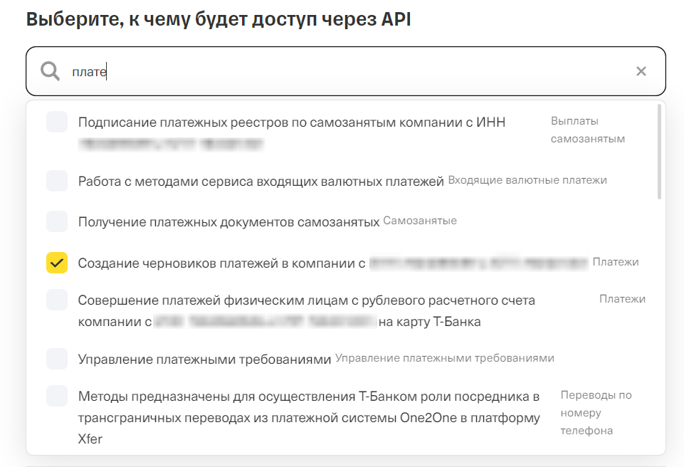 Выбор доступа «Создание черновиков платежей»