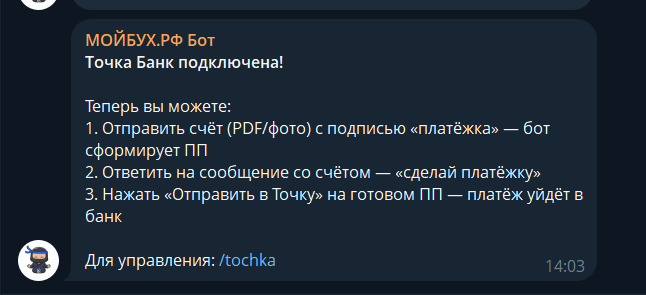 Финальное сообщение бота о подключении