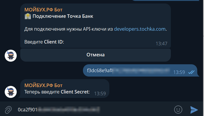 Ввод Client ID и Client Secret в бота